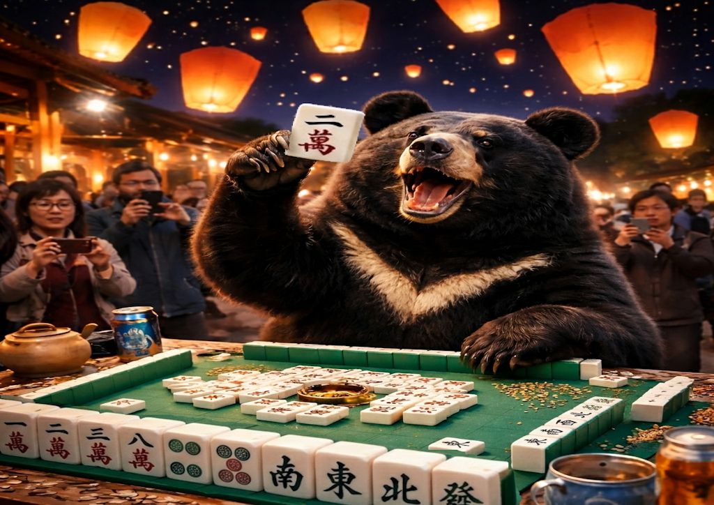 台灣黑熊,台灣熊愛打麻將,熊掌摸牌,台灣黑熊打麻將,黑熊平溪放天燈,平溪天燈一筒,平溪打麻將,黑熊大四喜,黑熊放天燈,平溪打牌